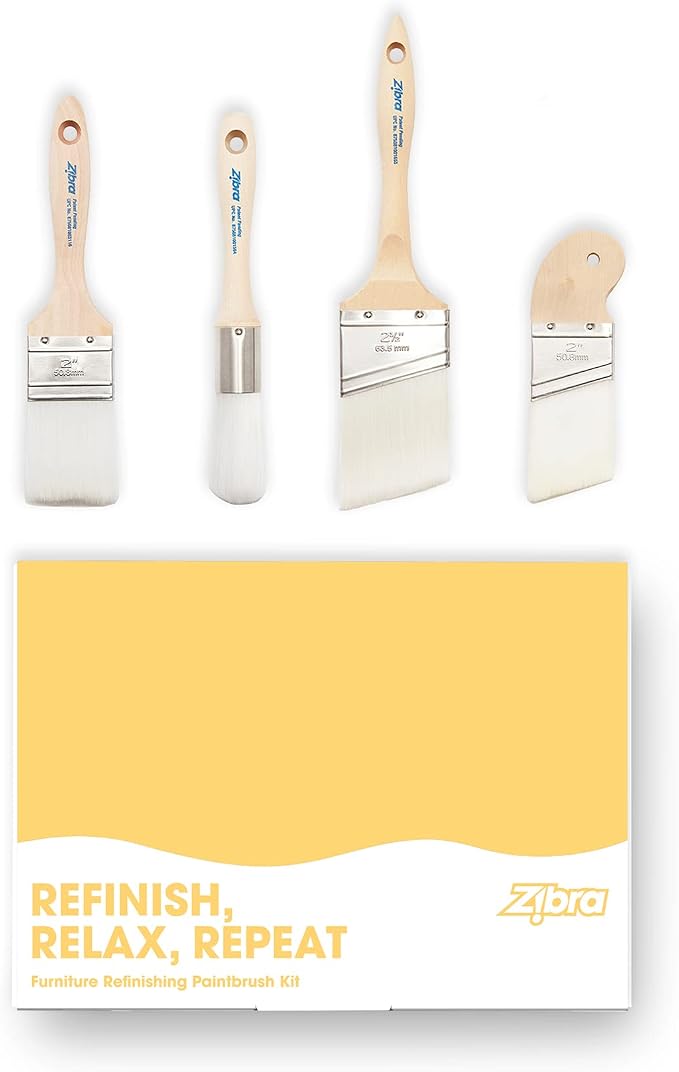 Zibra 4-Piece Furniture Paint Brush Set, Pro Grade, for Refinishing Projects and Painting Furniture