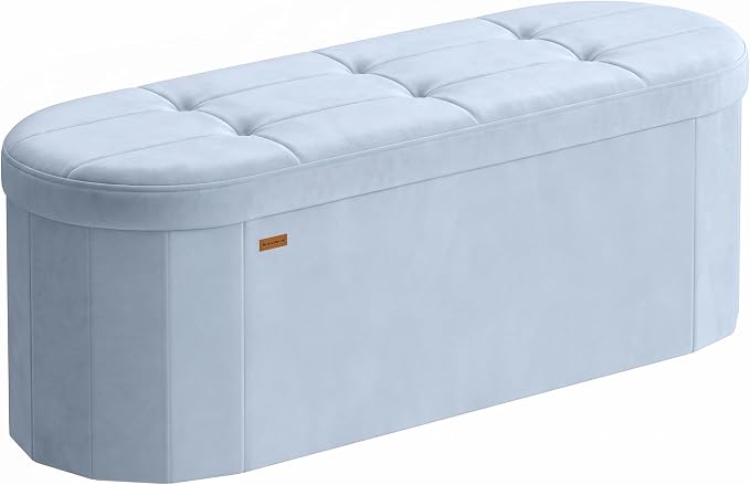 SONGMICS MINOTA Collection - Folding Ottoman with Storage, Oval Storage Ottoman Bench, for Living Room, Bedroom, Velvet Fabric, 15 x 43.3 x 15 Inches, Baby Blue ULSF297QQ01