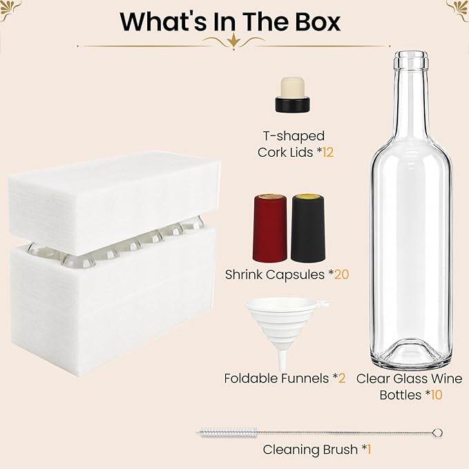 TBWIND 10 Pack 25oz (750ml) Clear Glass Wine Bottles with Airtight T-Top Corks & Shrink Capsules for Wine, Mead, Limoncello & Homebrewing, Includes Funnels & Brush