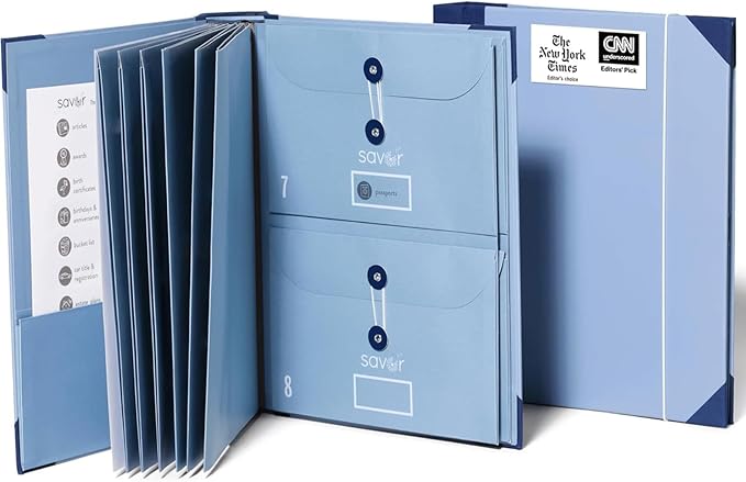 The Folio® Important Document Organizer by Savor | Binder with Guided Labels, Acid-Free File Folder Organizer with 10 Pockets, Document Holder for Home Records, Legal and Medical Papers (Blue)