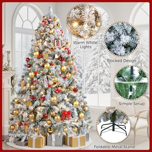 Yaheetech 7.5ft Pre-Lit Snow Flocked Artificial Christmas Tree, 550 Lights