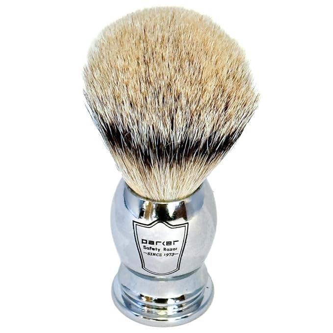 Parker 100% SILVERTIP Badger Shaving Brush – Chrome Handle & Stand – Premium 3-Band Badger Bristles for Smooth, Luxurious Lather