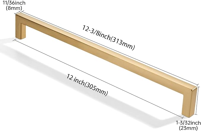 khtumeware 2 Pack 12 inch(305mm) Hole Center Brushed Brass Cabinet Pulls Solid Heavy-Duty Square Satin Brass Cabinet Handles Drawer Pulls Kitchen Cabinet Hardware Kitchen Handle