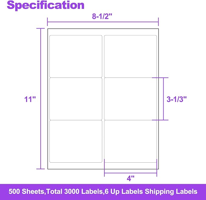 AveneMark 500 Sheets 3000 Labels Shipping Address Labels, 6 up 3-1/3" x 4" Quick to Peel Stickers Paper for Laser & Inkjet Printers, Printable Mailing Labels Stickers (6 Labels per Page Sheet)