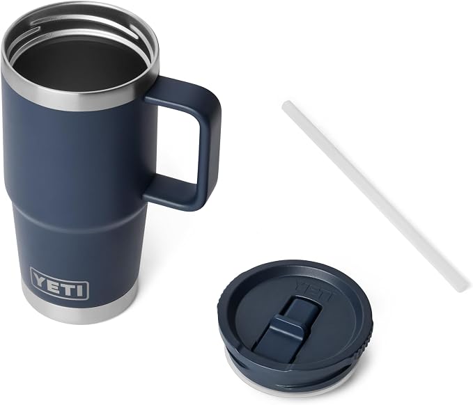 YETI Rambler 20 oz Travel Mug with Flip Straw Lid – Stainless Steel, Vacuum Insulated, Leakproof, Cup Holder Friendly, Navy