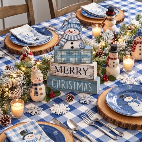 Lineshading 4 Pcs Christmas Table Decor, Blue Snowman Wooden Block Signs