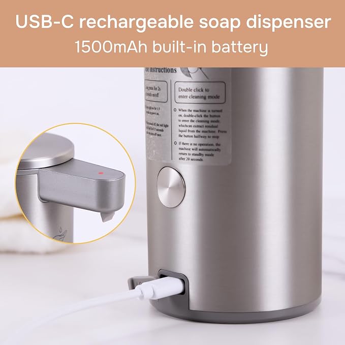 Automatic Soap Dispenser Stainless Steel with Sensor Infrared Soap Dispenser Electric IPX5 Waterproof USB-C Charging Motion Sensor for Kitchen & Bathroom, 9oz (Silver)