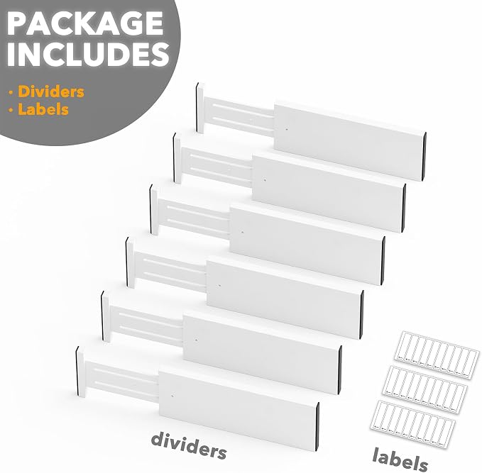 SpaceAid Bamboo Dresser Drawer Dividers 6 Pack, (Need 4.65" Deep Drawer) Adjustable 12.5“-17” Organizers, Expandable Organization for Clothing, Clothes, Dressers, White