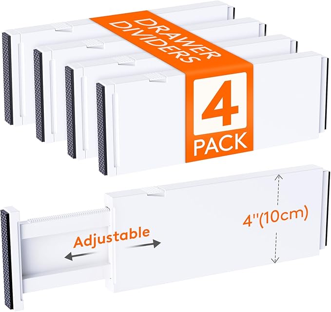 Lifewit 4 Pack Upgrade Drawer Dividers for Clothes, 4" High 11"-17" Adjustable Dresser Drawer Organizers, Expandable White Plastic Drawer Separators for Kitchen, Nursery, Office Organization & Storage