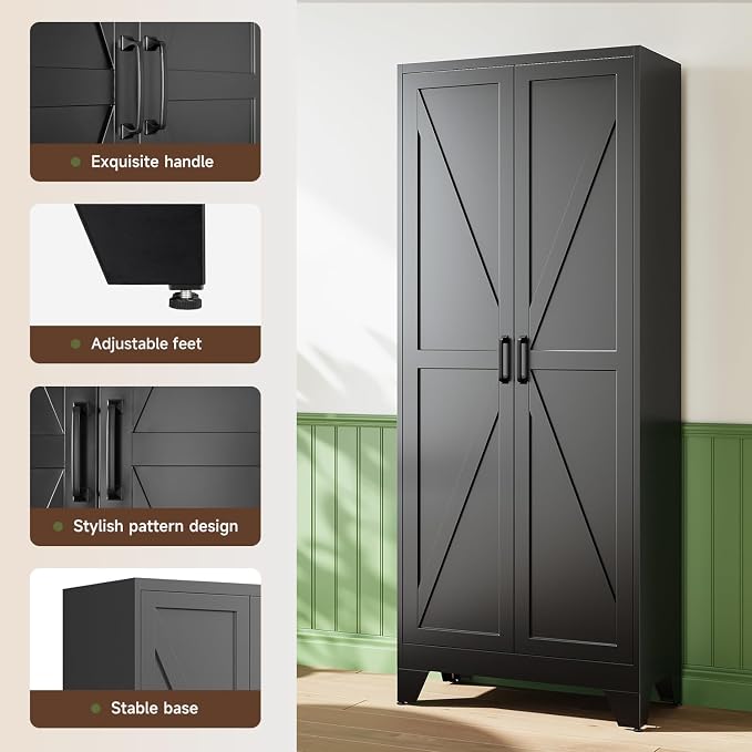 75" H Metal Storage Cabinet with 2 Doors and 4 Shelves,Tall Kitchen Pantry Cabinets,Farmhouse Utility Pantry Organizers for Cupboard/Dining/Bathroom/Home Office/Garage Room,Black