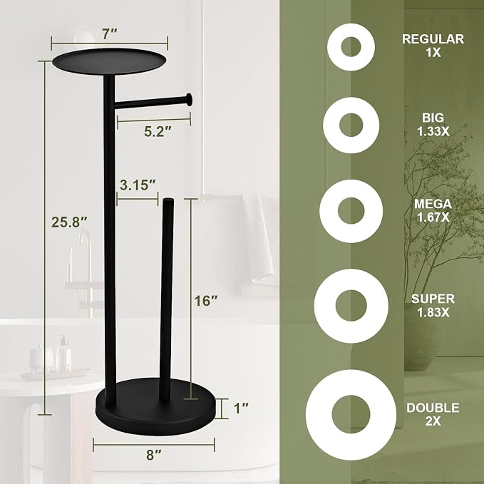 Toilet Paper Holder Free Standing, Black Toilet Paper Roll Storage with Reserve and Phone Shelf, Stainless Steel Floor Bathroom Tissue Dispenser and Organizer