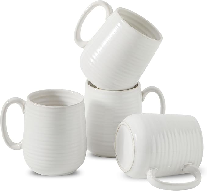 HASENSE Coffee Mugs, 15oz Ceramic Coffee Cups Set of 4, Clay-Infused White | Large Tea Cup with Comfortable Handle for Milk Cocoa Cappuccino, Prefect for Women Men Gift Dishwasher Microwave Safe