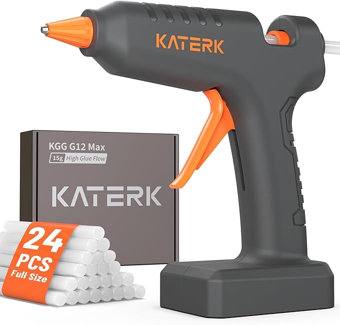 Katerk 12V Cordless Hot Glue Gun Kit with 24 Glue Sticks, 90s Fast Heating | Wireless Heavy Duty Glue Gun and Sticks Set (11×150mm), Rechargeable 2500mAh Battery, Drip-Free for Crafts DIY, Repair, Gift