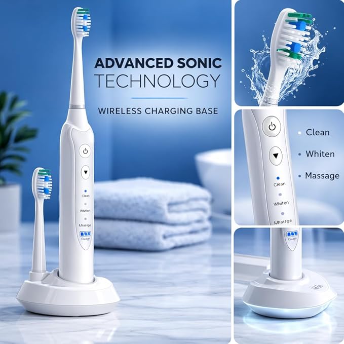 Sonic Electric Toothbrush for Adults, Rechargeable Power Toothbrush with 5 Replacement Heads, Travel Case, 3 Modes, 2 Minute Timer, IPX7 Waterproof Cordless Electric Toothbrush | White