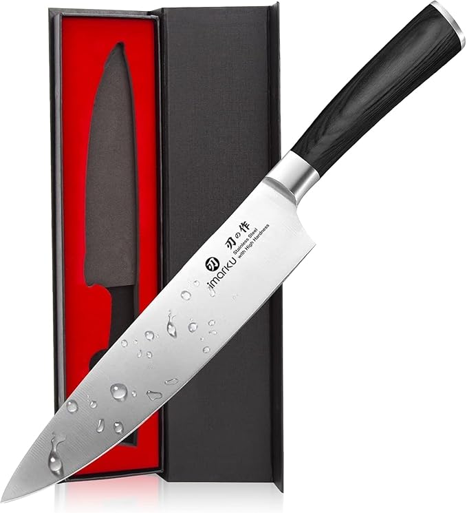 imarku 8 Inch Japanese SUS440A Stainless Steel Gyutou Chef Knife, Black | Ultra sharp kitchen knife blade, smooth polished cutting edge, comfortable Pakkawood grip, premium gift for men and women