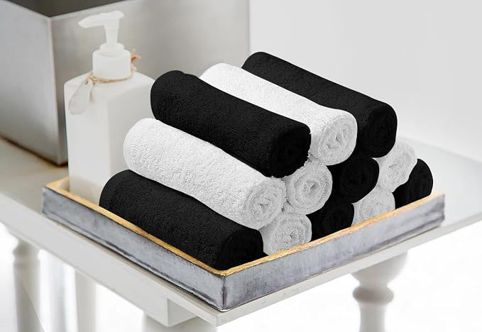 Avalon Towels Salon Towel - Black and White Hand Towels Bulk Pack of 24 - 100% Cotton Absorbent Spa, Facial & Gym Towel for Working Out - 16x27 Inches (Not Bleach Proof)