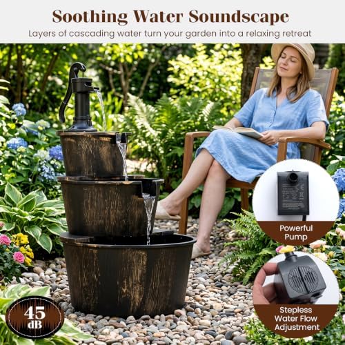 Giantex 3-Tier Barrel Waterfall Fountain with Electric Pump, 37''