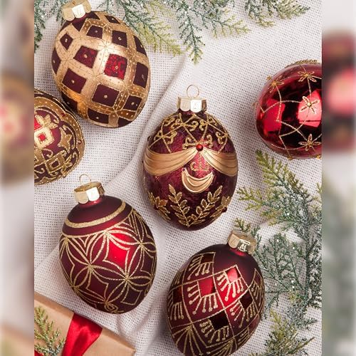 Balsam Hill Brilliant Bordeaux Egg Bauble Christmas Ornaments - Glitter & Grandeur Vintage Style Tree Decorations, 6 Pieces for Holiday Décor