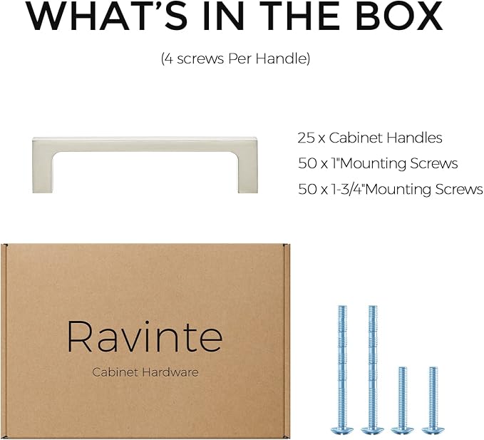 Ravinte 25 Pack Solid 4 Inch Square Cabinet Handles - Brushed Nickel Pulls for Kitchen Drawers and Cabinets - Hardware Handles