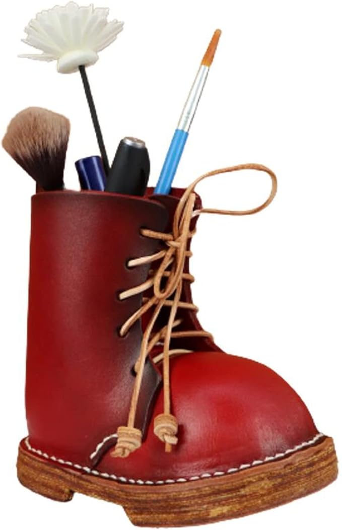 Vegetable Tanned Leather Cowhide Shoes Desktop Decorative Pen Holder Stationery Makeup Brush Organizer Creative Gifts For Men And Women (Red)