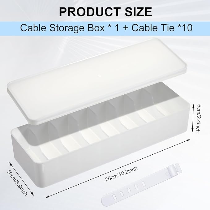 Tatuo 1 Pcs Cable Organizer Box with Wire Ties, Plastic Cord Storage Box with Lid, Electronics Organizer for Home Office Desk Organizers and Accessories (White)