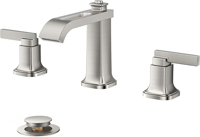 FORIOUS Brushed Nikcel Bathroom Faucet, 8 Inch Widespread Bathroom Vanity Faucets 3 Hole with Metal Pop Up Drain, Unique Waterfall Design