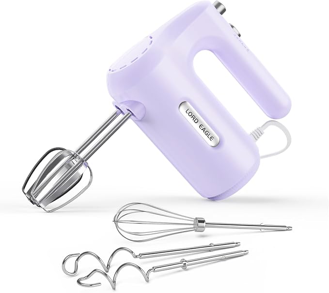 Lord Eagle 5-Speed Hand Mixer Electric, 300W Compact Handheld Mixer, Portable Kitchen Egg Beater with 5 Attachments & Storage Bag, Cake Supplies for Bread Dough Baking, Lightweight, Purple
