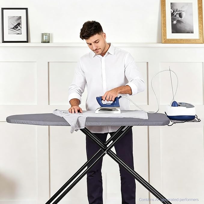 Jakeefud Deluxe Ironing Board with Heat Resistant Cover and Thicken Felt Pad, Heavy Sturdy Legs,Full Size Hanger Iron Board,Foldable (L-Grey)