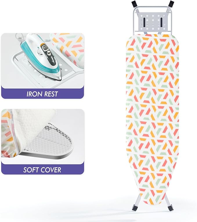 BKTD Ironing Board, Heat Resistant Cover Iron Board with Steam Rest, Non-Slip Foldable Ironing Stand. Heavy Sturdy Metal Frame Legs Iron Stand(13 * 34 * 53 Inches) (Geometric White)