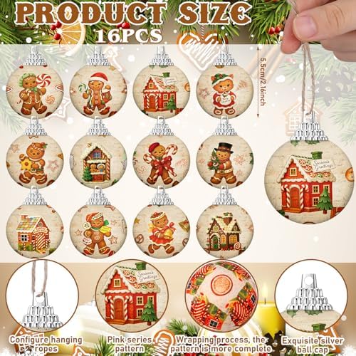 Outus 16 Pcs Christmas Tree Ball Ornaments Vintage Gingerbread Christmas Decorations for Tree Colorful Xmas Decorative Hanging Ornaments for Farmhouse Home Fireplace Decoration Holiday Party Favors