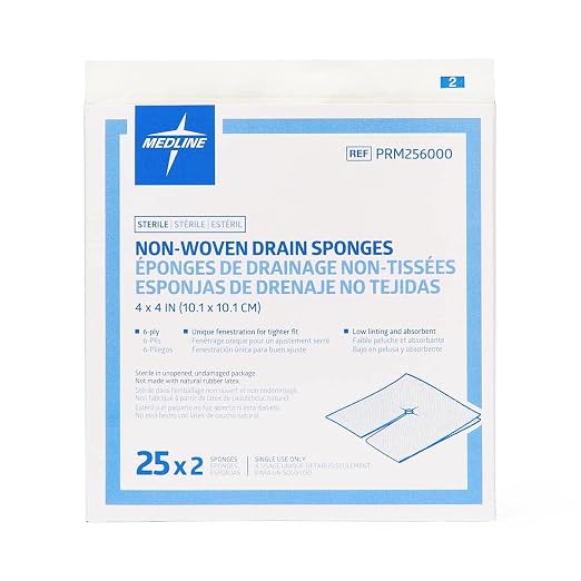 Medline Non-Woven Sterile Drain Sponges, 4"x4", 6-ply (Case Of 600)