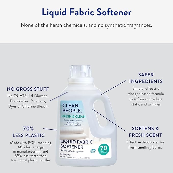 Clean People All Natural Liquid Fabric Softener - Plant-Based, Eco Friendly - Naturally Softens & Removes Static Cling - Vegan - Fresh Scented Laundry Softener - 100 fl oz - 140 loads
