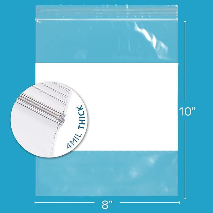 GPI - 8" x 10" - Bulk Pack of 200, 4 Mil Thick, Heavy Duty, Clear Plastic Reclosable Zip Bags, With Write-on White Block for Labeling, Strong & Durable Poly Baggies With Resealable Zipper Top Lock.