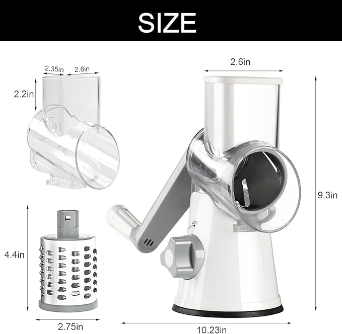 Cambom Rotary Cheese Grater Hand Crank Cheese Shredder for Fresh Cheese, Vegetable, Nuts,Non-slip Suction Base,Three Blades,White
