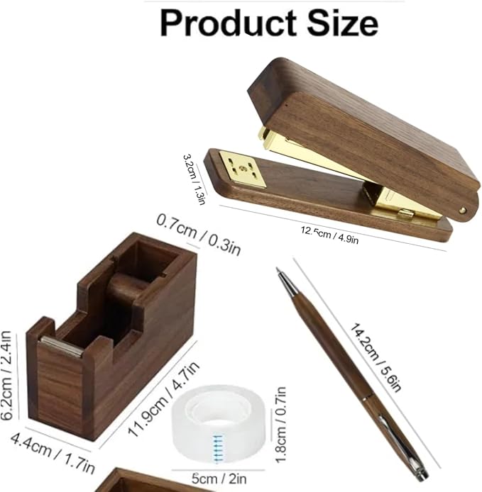 MultiBey Walnut 3-Piece Wooden Desk Organizer Set - North American Walnut Stapler, Wood Tape Dispenser, Wooden Pen, 1000pcs Rose Gold Staples and Tape, for Elegant Home Office Desk