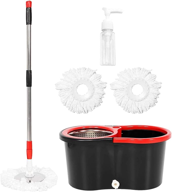 Spin Mop and Bucket with Wringer Set, 3 Mop Refills, 61" Stainless Handle | 360° Spinning Mop System with Stainless Steel Extended Handle & 3 Microfiber Refills for Floor Cleaning