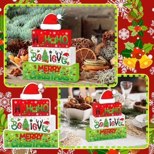 Moucuny 3 Pcs Christmas Wooden Stacking Blocks Farmhouse Table Decor