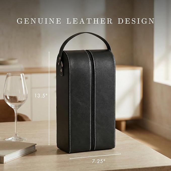Bey-Berk Genuine Leather Two-Bottle Wine Caddy with Bar Tool (Black), Zippered Travel Case with Strap Handle for Wine Transport and Gifting