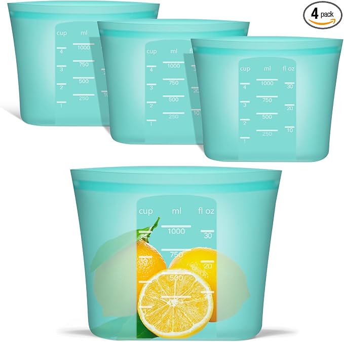 Reusable Freezer Bags Quart Size, 4 Pack, 100% Silicone Stand Up Ziplock Reusable Silicone Food Storage Bags Sandwich Bags Containers, Freezer Microwave Oven Dishwasher Safe, Aqua, 33.8fl.oz