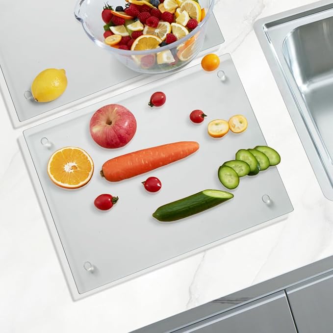 Mymonfif Tempered Glass Cutting Board for Kitchen, Clear Glass Board for Countertop, Heat Resistant, with Non-Slip Feet, 12x16" 2 Pcs Clear