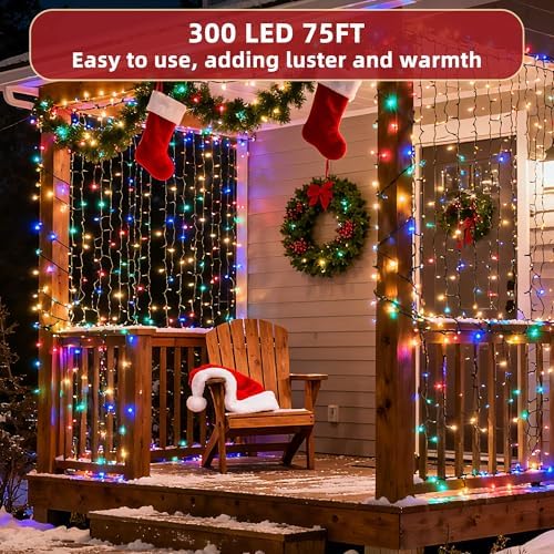 300 LED Outdoor Christmas Lights 75ft, 12 Lighting Modes Indoor String Lights Dimmable & Timer Memory, Outsite Waterproof Tree Lights for Xmas Garden Wedding Party Holiday Decorations Multicolor