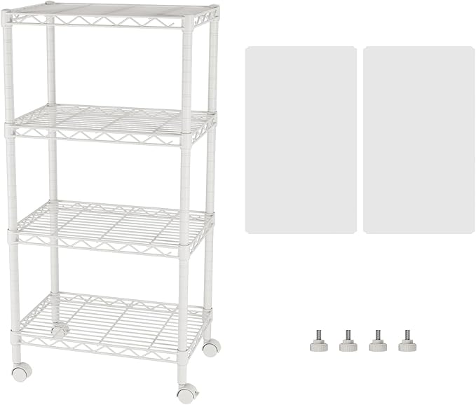 SINGAYE 4 Shelves Storage Shelf Wire Shelving Unit Metal Adjustable Wheels | Small Shelf Storage with Wheels Organizers Closet Unit for Bathroom Laundry Room Kitchen Pantry11.5D x 17.5W x 45H White