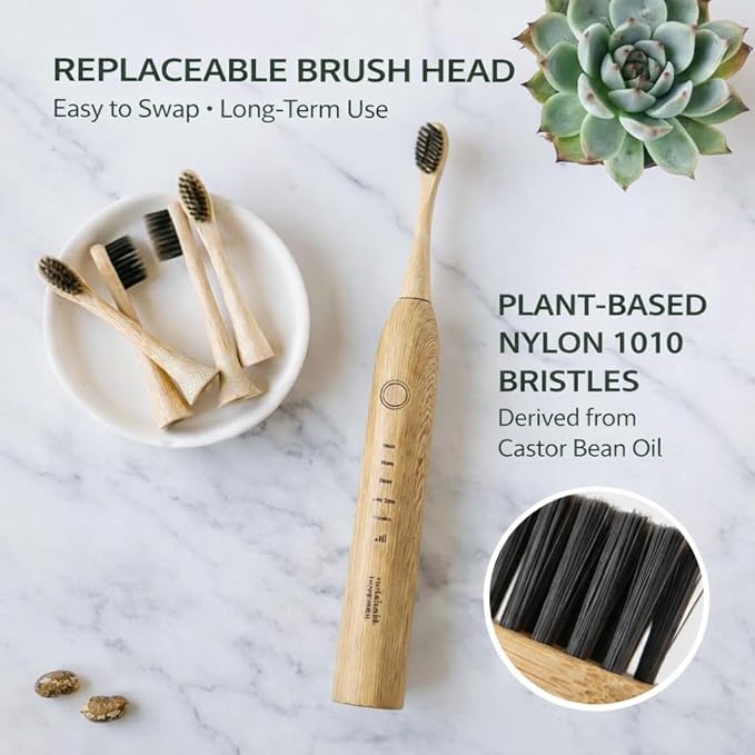 Sustainable Tomorrow Zen Bamboo Electric Toothbrush, Durable Wood-Grain ABS Handle, Rechargeable w/Plant-Based Soft Bristles, Bamboo Heads, 5 Modes & 30-Day Battery