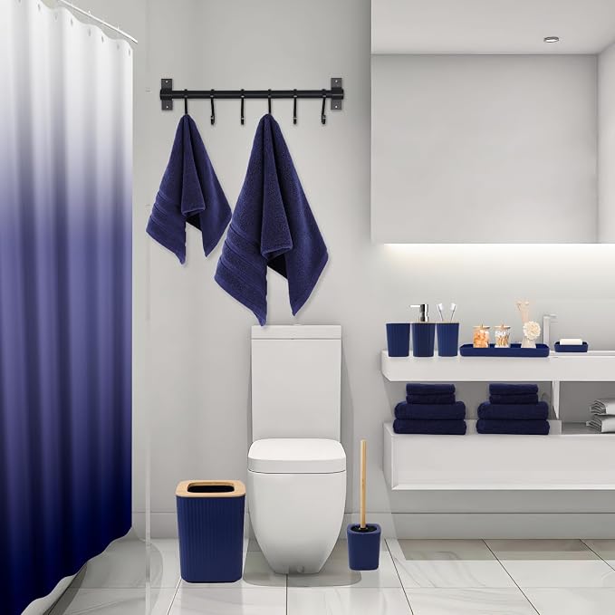 XLHOMO Navy Blue Bathroom Accessories with Bath Towels Ombre Shower Curtain, Blue Bathroom Setwith Trash Can,Toothbrush Holder,Toothbrush Cup,Soap Dispenser,Soap Dish,Toilet Brush and Qtip Holders
