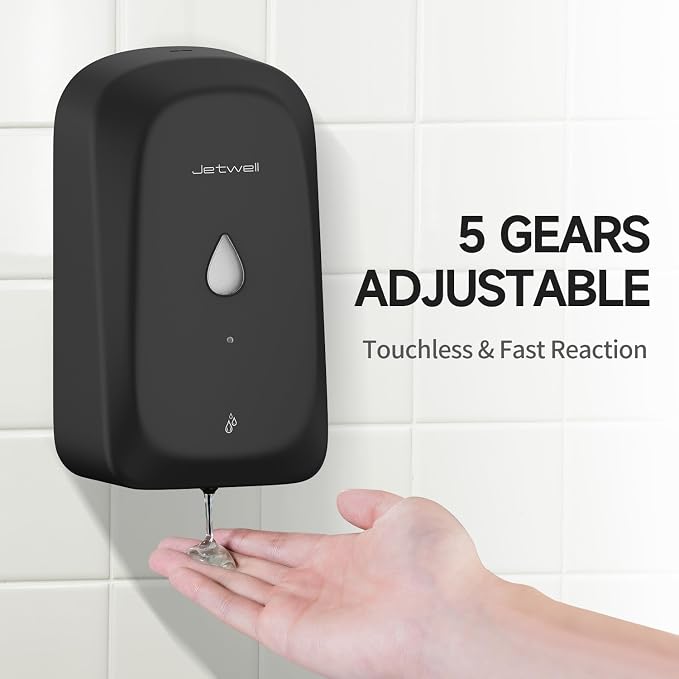 JETWELL Touchless Wall Mount Stainless Steel Soap Dispenser 34OZ/1000ML | Black Matte Cover, Large Capacity, Battery Powered, Liquid Soap, Commercial & Home Use