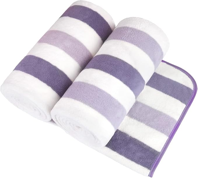 JML Microfiber Bath Towels, 2 Pack, 30" x 60", Cabana Stripe Purple | Hanging Loop, Lint Free, Oversized, Soft, Super Absorbent,Fast Drying, Perfect for Shower, Sauna, Gym, Sports, Fitness, Yoga