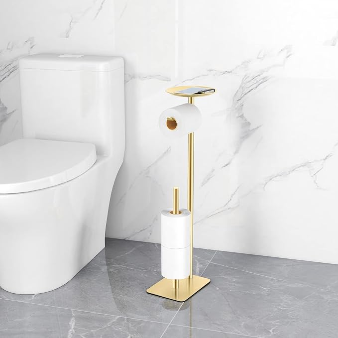 FEILERN Toilet Paper Holder Stand for Bathroom Floor Standing Toilet Roll Dispenser Storages 4 Reserve Rolls, with Top Storage Shelf for Cell Phones, Wipe, Wallet and More(Gold)