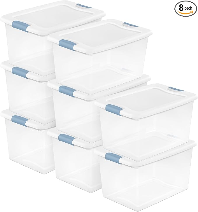 Sterilite 8-Pack 64 Quart Latching Box, Clear Plastic Storage Organizer Bins with White Lids - Large Stackable Containers for Home Bedroom, Dorm Room, and Closet Organization