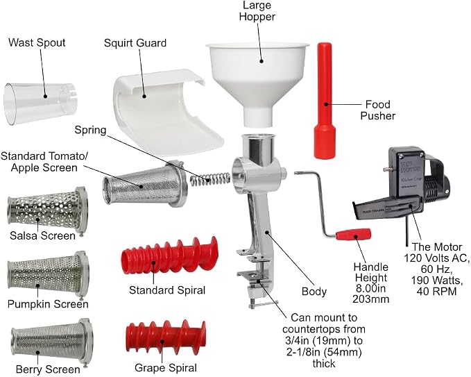 Johnny Apple Sauce Maker, Tomato Sauce Maker, Salsa, Pumpkin Puree, Remove Skins & Seeds From Produce, Model 250 Clamp Based Food Strainer with Electric Motor (Strainer + Motor + Accessories)