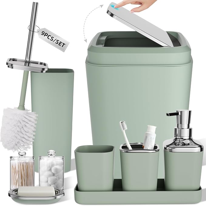 XLHOMO Bathroom Set, Bathroom Accessory Set, Sage Green Bathroom Accessories Set with Press-on Lid Bathroom Trash Can, Soap Dispenser, 9PC Bathroom Accessory Set for Home
